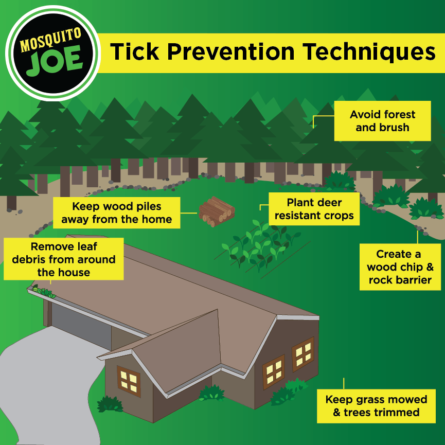 House with yard and then surrounded in woods; Mosquito Joe Tick Prevention Techniques. Avoid forest and brush, Keep wood piles away from the home, Plant deer resistant crops, remove leaf debris from around the house, crate a wood chip & rock barrier, keep grass mowed & trees trimmed.